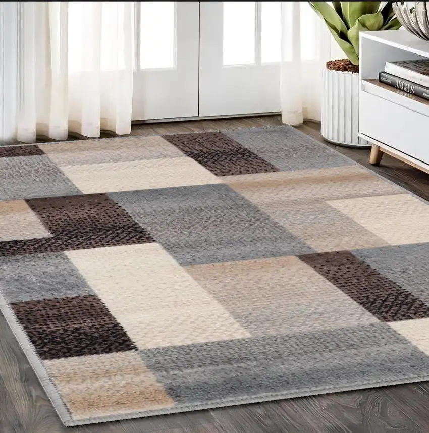 Grey-Brown Patchwork Power Loom Stain Resistant Area Rug Photo 1