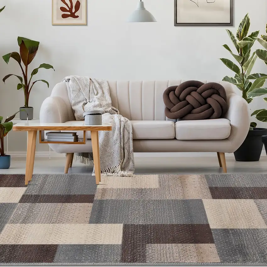 Gray Brown and Cream Patchwork Area Rug Photo 7