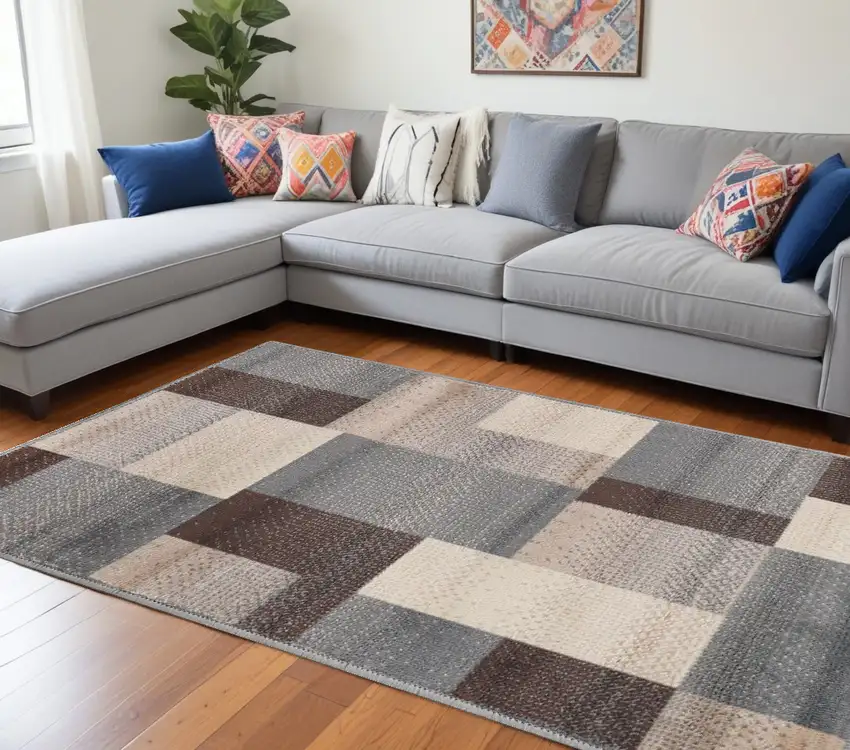 Gray Brown and Cream Patchwork Area Rug Photo 1