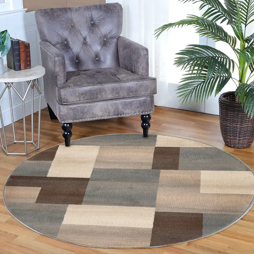8' Gray Tan And Brown Patchwork Round Rug Photo 7
