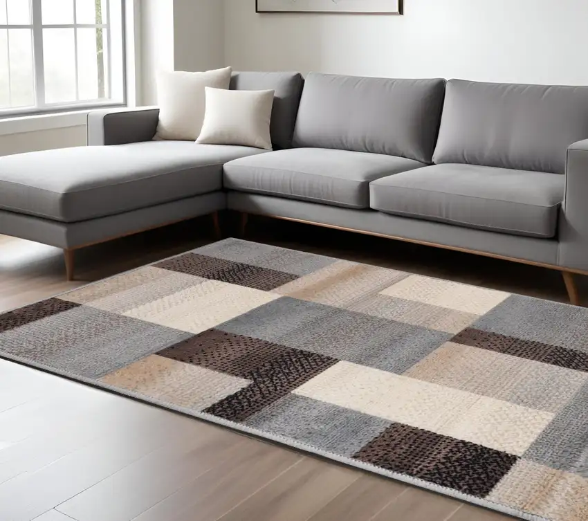 Grey-Brown Patchwork Power Loom Stain Resistant Area Rug Photo 1
