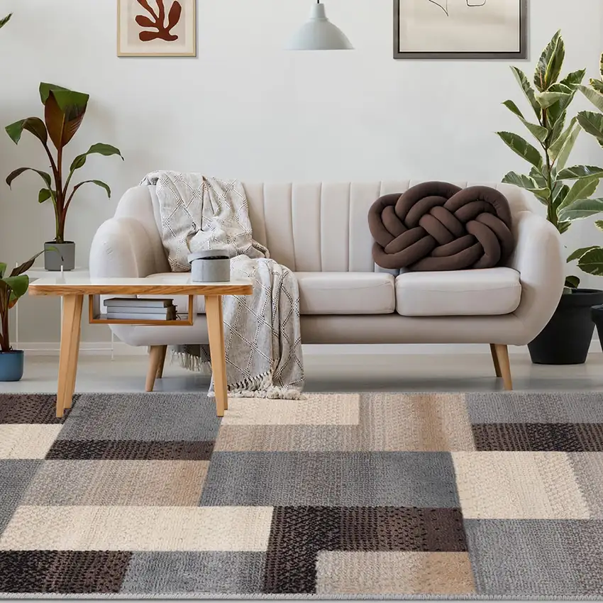 Gray Tan And Brown Patchwork Area Rug Photo 6