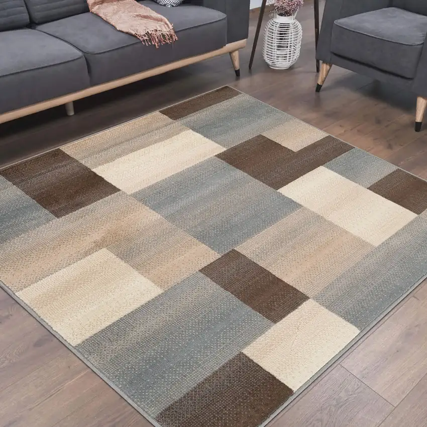 8' Gray Tan And Brown Patchwork Square Rug Photo 4