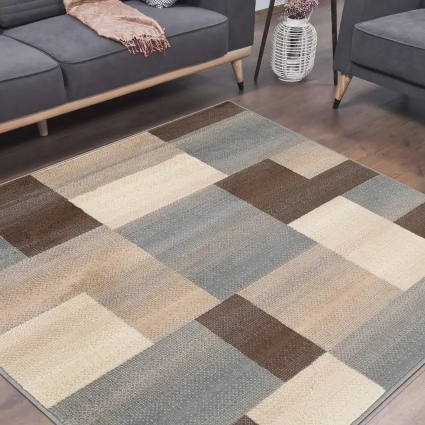8' Gray Tan And Brown Patchwork Square Rug Photo 8