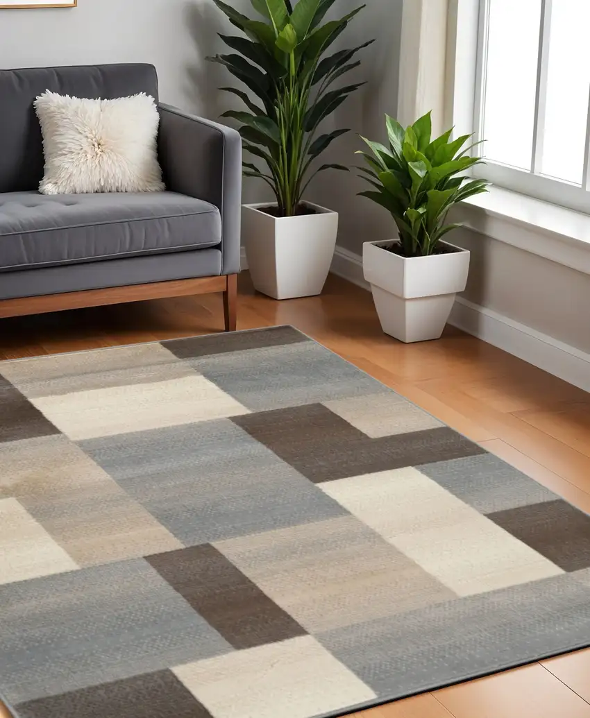 8' Gray Tan And Brown Patchwork Square Rug Photo 1