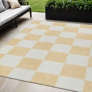 Photo of Peach And Beige Geometric Washable Indoor Outdoor Area Rug