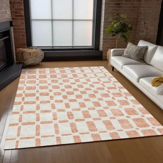 Peach And Beige Geometric Washable Indoor Outdoor Area Rug Photo 9