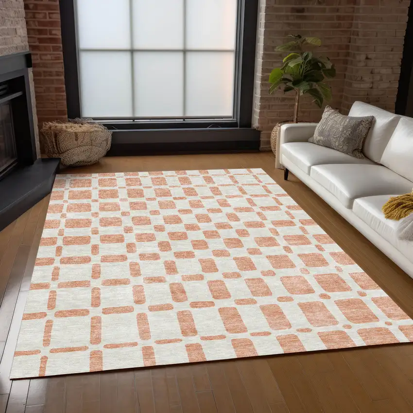 Peach And Beige Geometric Washable Indoor Outdoor Area Rug Photo 9
