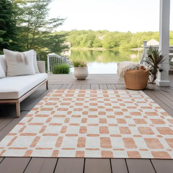 Peach And Beige Geometric Washable Indoor Outdoor Area Rug Photo 9