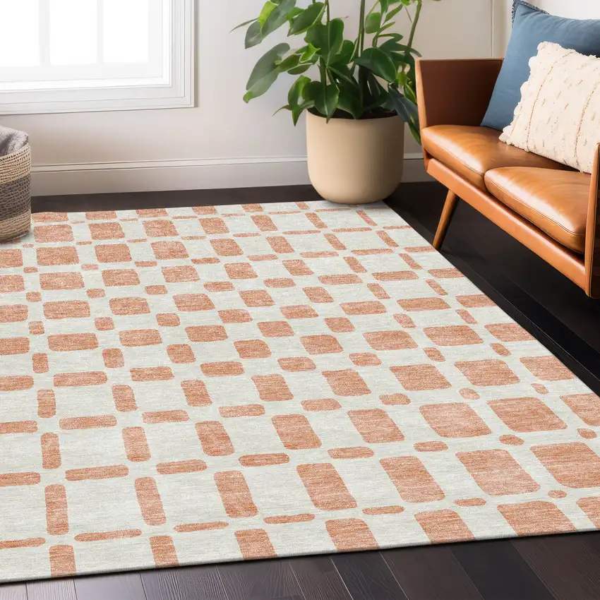 Peach And Beige Geometric Washable Indoor Outdoor Area Rug Photo 9