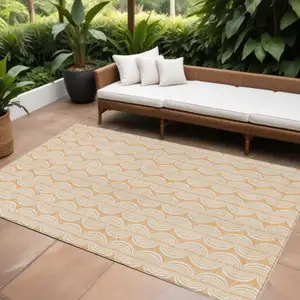 Photo of Peach And Beige Ogee Washable Indoor Outdoor Area Rug
