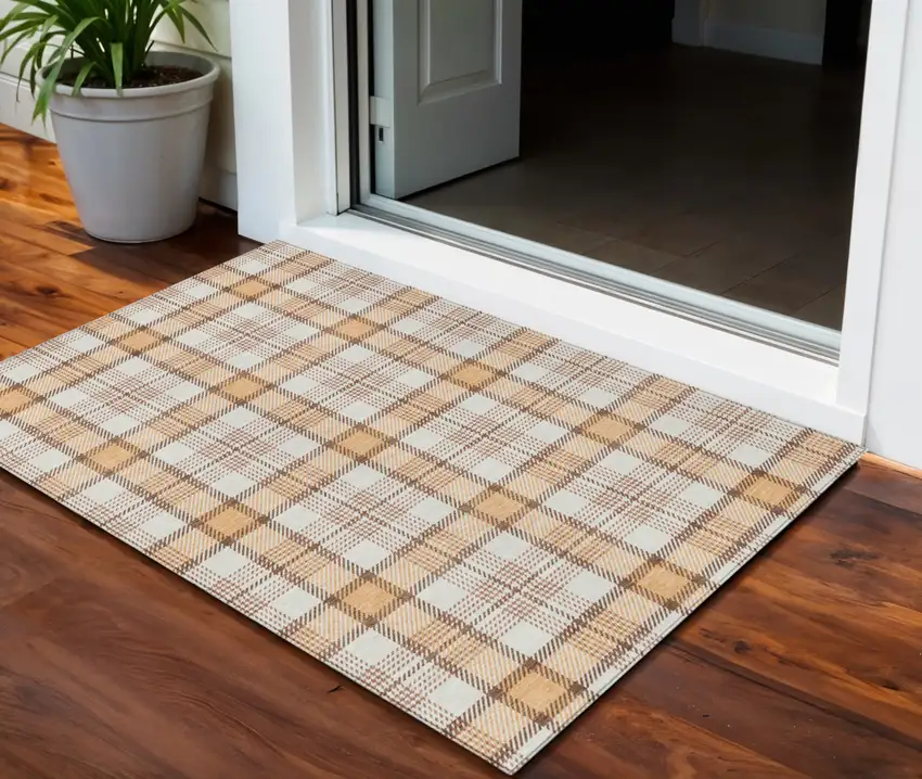 Peach And Beige Plaid Washable Indoor Outdoor Area Rug Photo 1