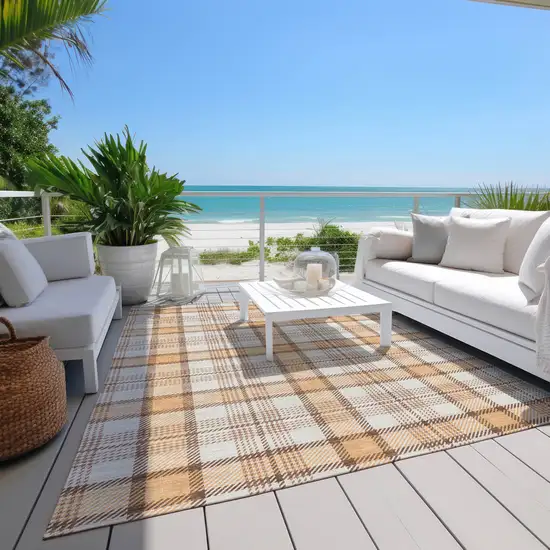 Peach And Beige Plaid Washable Indoor Outdoor Area Rug Photo 9