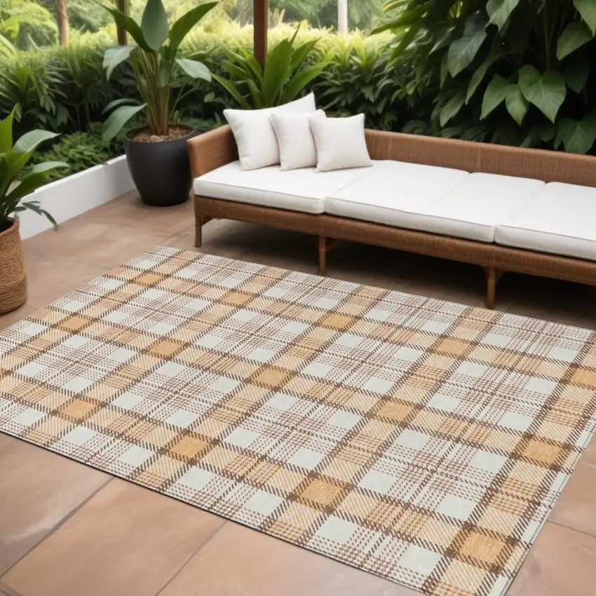 Peach And Beige Plaid Washable Indoor Outdoor Area Rug Photo 1