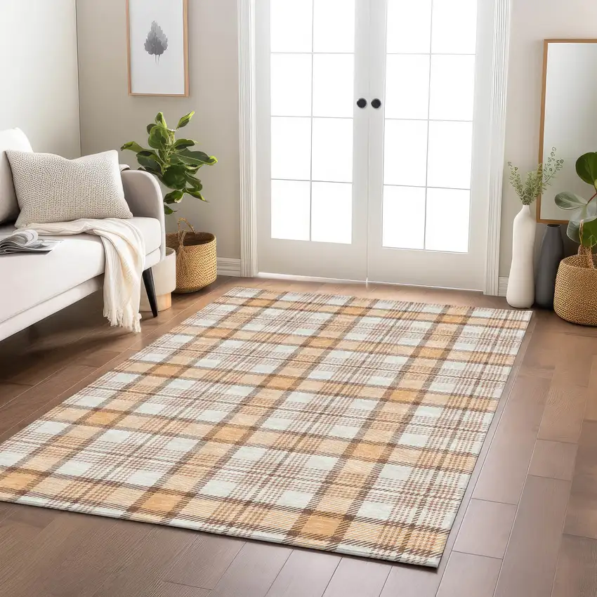 Peach And Beige Plaid Washable Indoor Outdoor Area Rug Photo 7