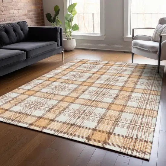 Peach And Beige Plaid Washable Indoor Outdoor Area Rug Photo 7
