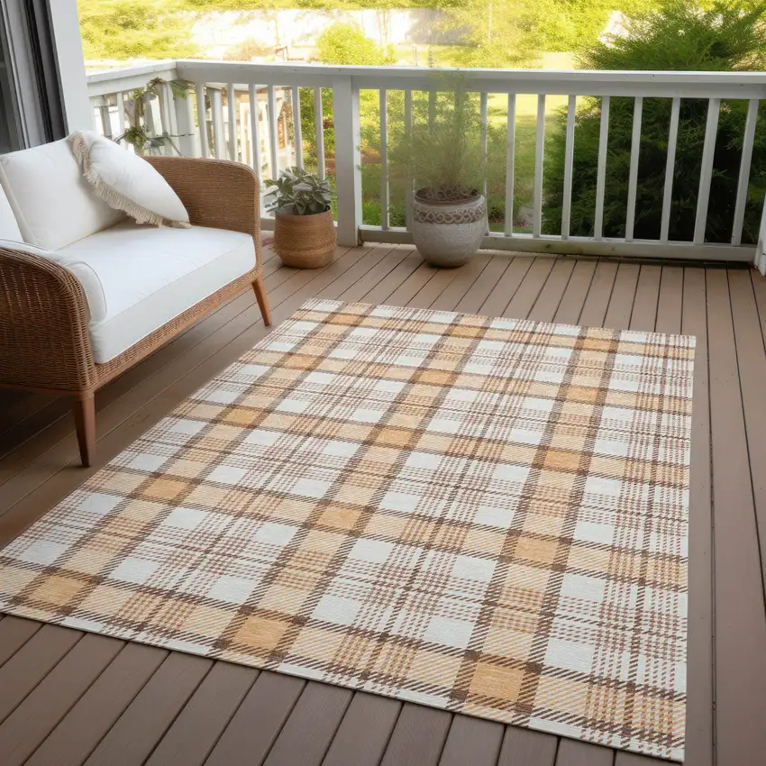 Peach And Beige Plaid Washable Indoor Outdoor Area Rug Photo 6