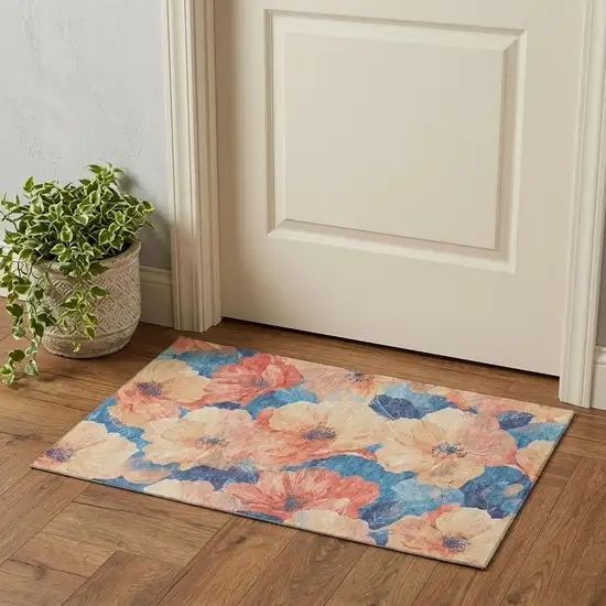 Peach And Blue Floral Washable Area Rug With UV Protection Photo 1