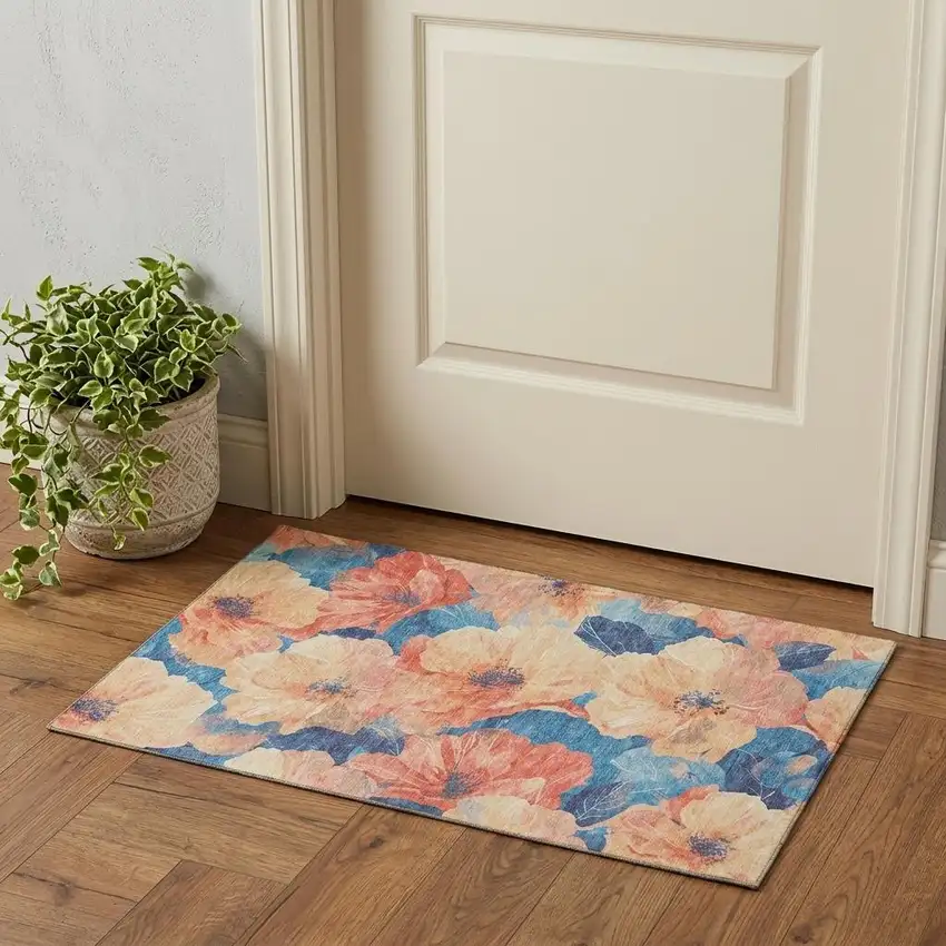 Peach And Blue Floral Washable Area Rug With UV Protection Photo 1