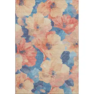 Photo of Peach And Blue Floral Washable Area Rug With UV Protection