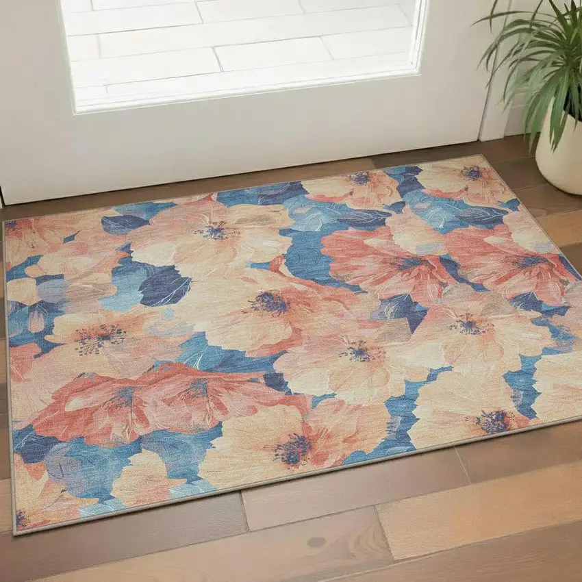 Peach And Blue Floral Washable Area Rug With UV Protection Photo 2