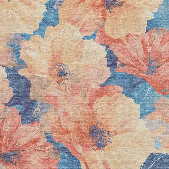 Peach And Blue Floral Washable Area Rug With UV Protection Photo 2