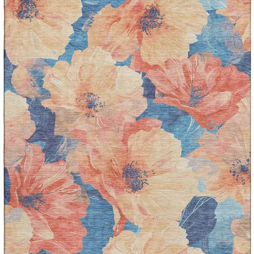 Peach And Blue Floral Washable Area Rug With UV Protection Photo 3