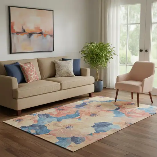 Peach And Blue Floral Washable Area Rug With UV Protection Photo 2