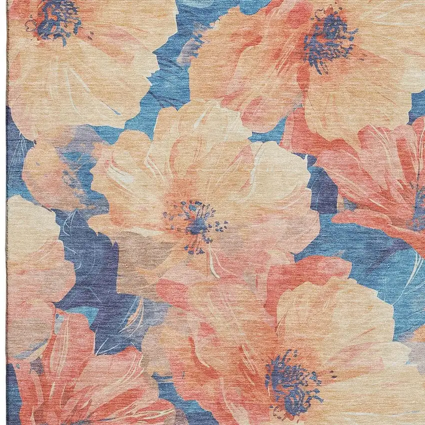 Peach And Blue Floral Washable Area Rug With UV Protection Photo 2