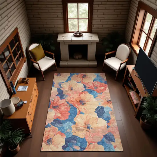 Peach And Blue Floral Washable Area Rug With UV Protection Photo 4