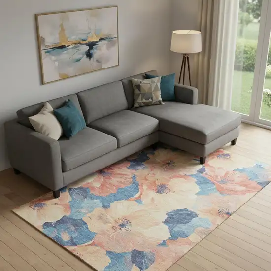 Peach And Blue Floral Washable Area Rug With UV Protection Photo 2