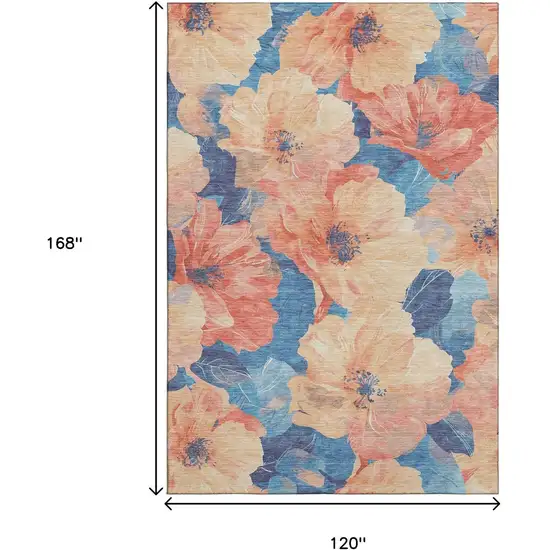 Peach And Blue Floral Washable Area Rug With UV Protection Photo 7
