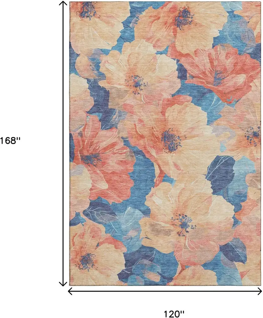 Peach And Blue Floral Washable Area Rug With UV Protection Photo 7