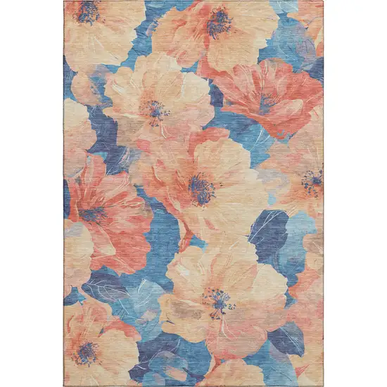 Peach And Blue Floral Washable Area Rug With UV Protection Photo 1