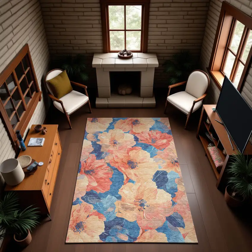 Peach And Blue Floral Washable Area Rug With UV Protection Photo 4