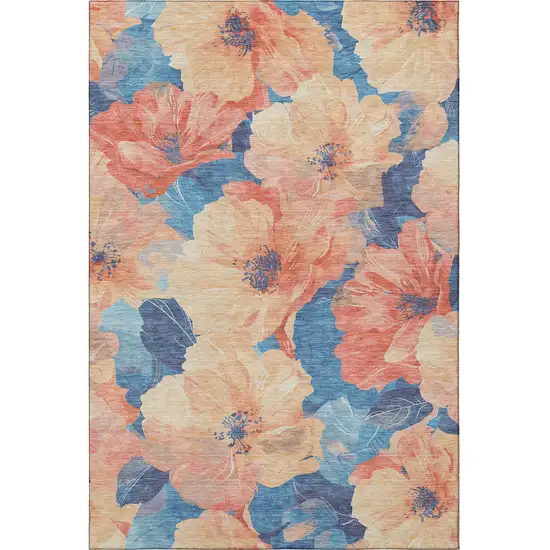 Peach And Blue Floral Washable Area Rug With UV Protection Photo 3