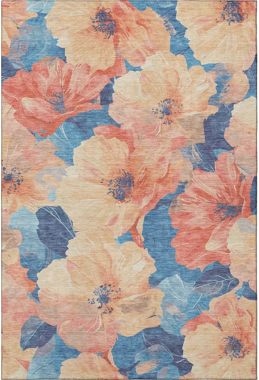 Peach And Blue Floral Washable Area Rug With UV Protection Photo 3