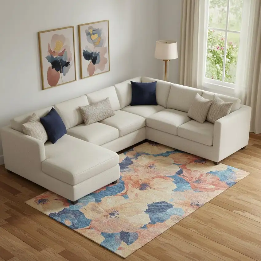 Peach And Blue Floral Washable Area Rug With UV Protection Photo 2