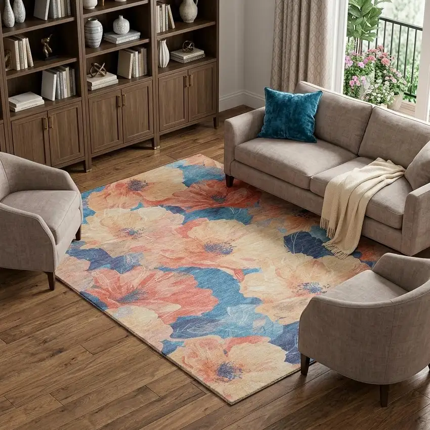 Peach And Blue Floral Washable Area Rug With UV Protection Photo 1