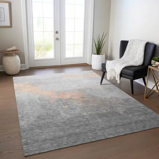 Peach And Charcoal Abstract Washable Indoor Outdoor Area Rug Photo 6
