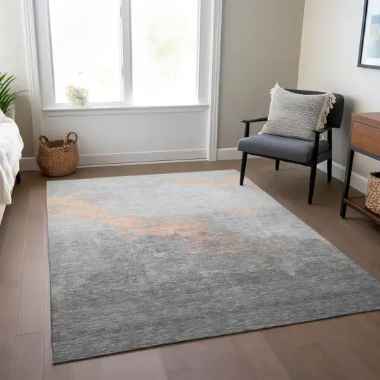 Peach And Charcoal Abstract Washable Indoor Outdoor Area Rug Photo 7