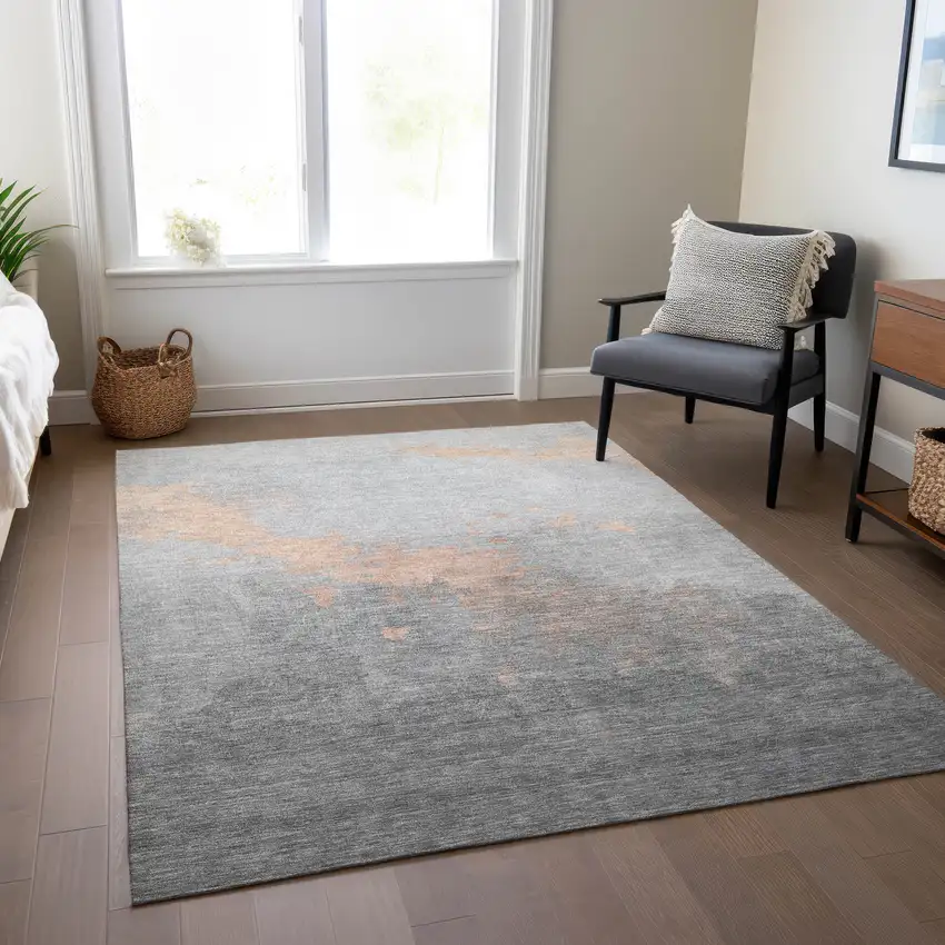 Peach And Charcoal Abstract Washable Indoor Outdoor Area Rug Photo 7