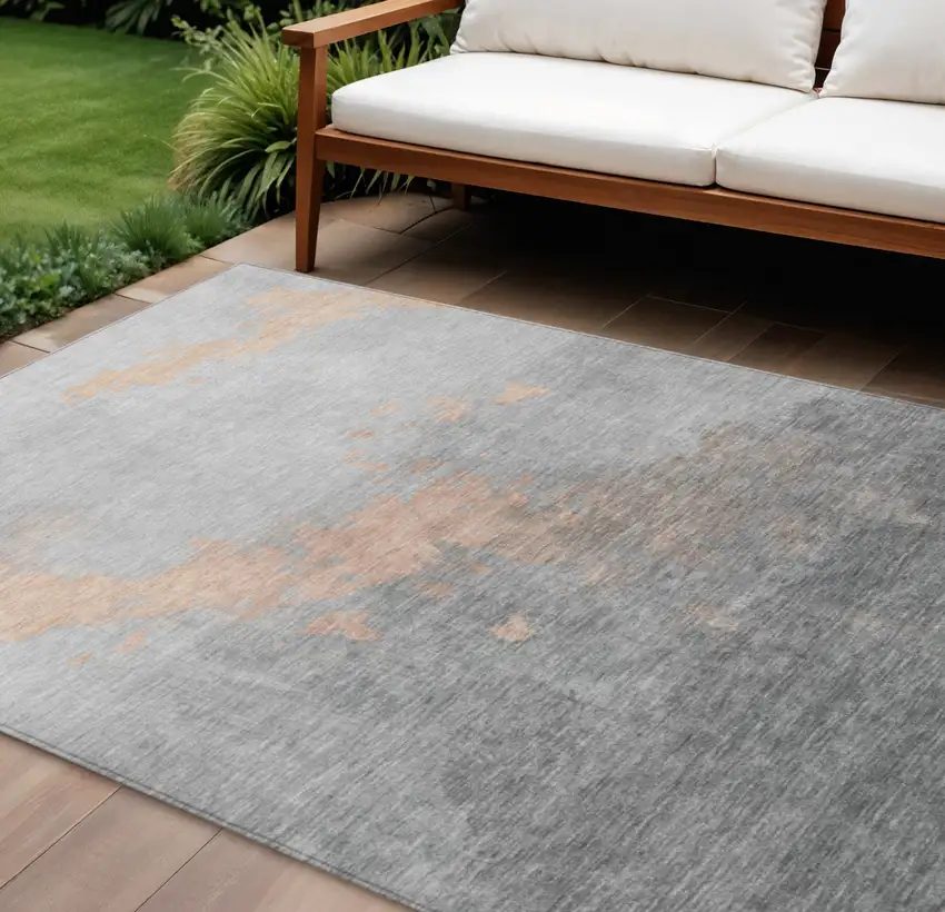 Peach And Charcoal Abstract Washable Indoor Outdoor Area Rug Photo 2