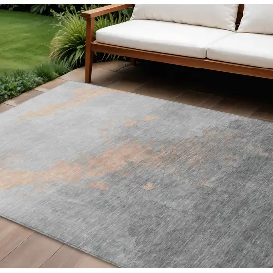 Peach And Charcoal Abstract Washable Indoor Outdoor Area Rug Photo 2