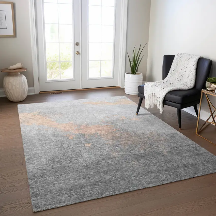 Peach And Charcoal Abstract Washable Indoor Outdoor Area Rug Photo 6