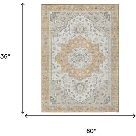 Peach And Gold Oriental Washable Indoor Outdoor Area Rug Photo 8