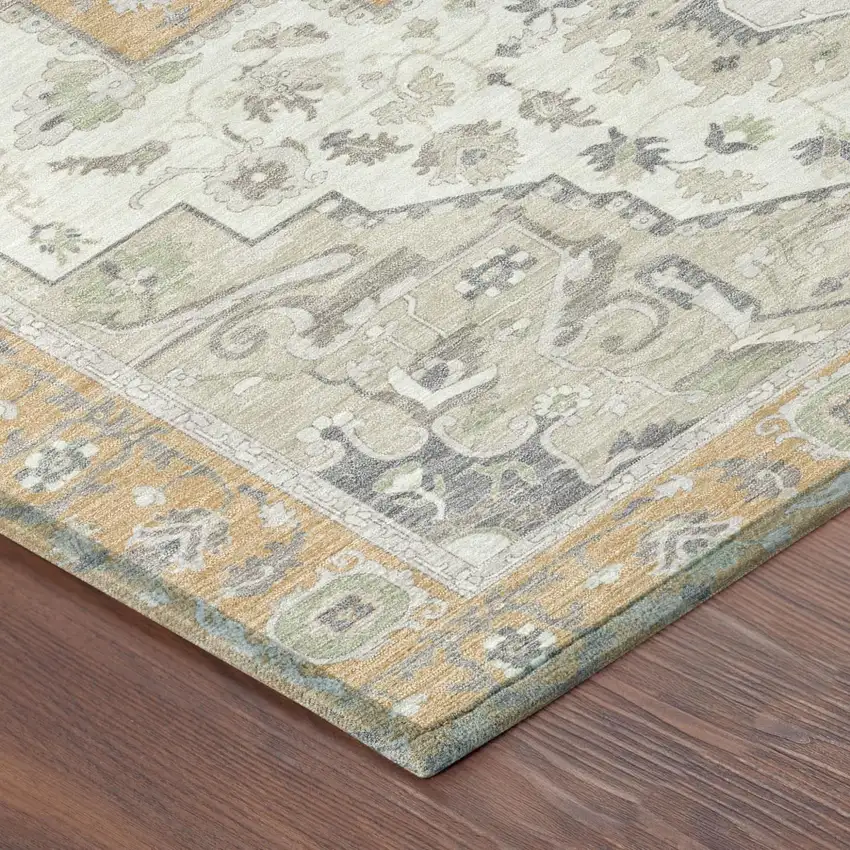Peach And Gold Oriental Washable Indoor Outdoor Area Rug Photo 6