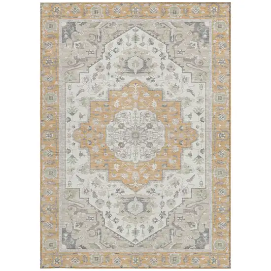 Peach And Gold Oriental Washable Indoor Outdoor Area Rug Photo 3