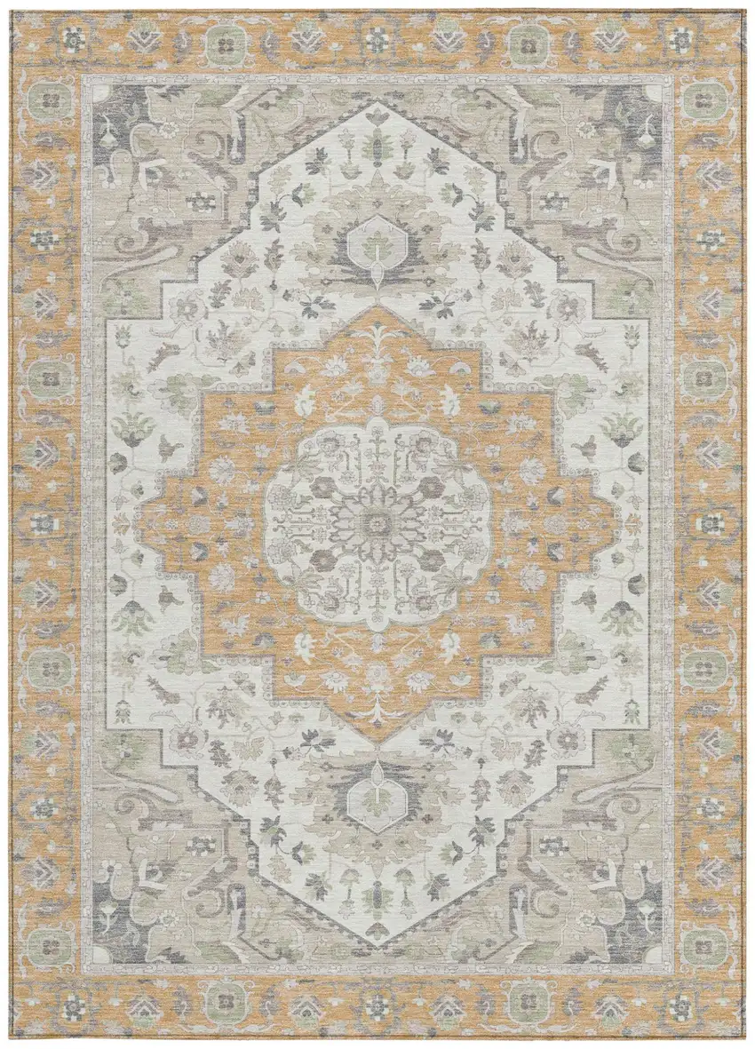 Peach And Gold Oriental Washable Indoor Outdoor Area Rug Photo 3