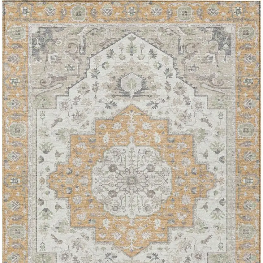 Peach And Gold Oriental Washable Indoor Outdoor Area Rug Photo 5